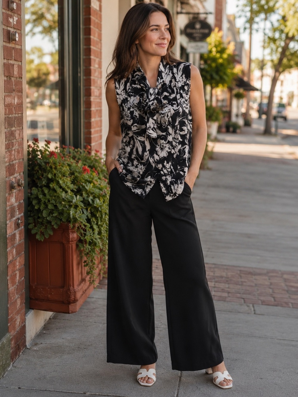 Tommy Hilfiger Black & White Floral Sleeveless Blouse